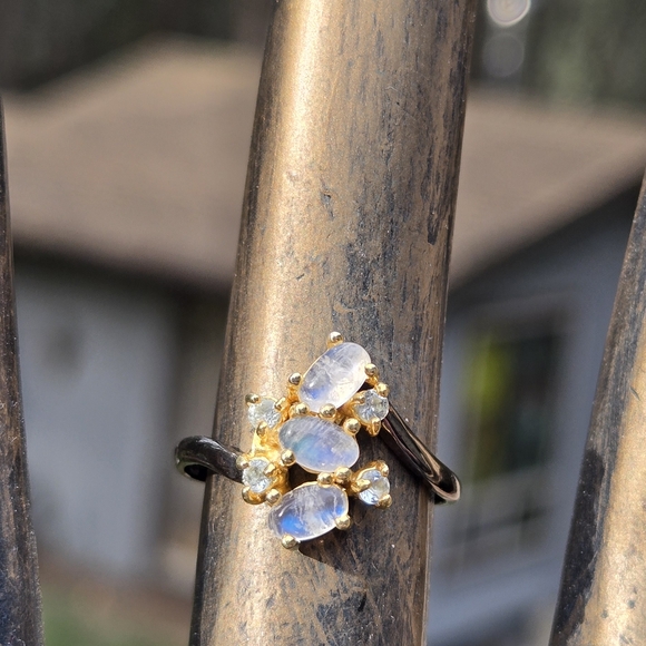 Celestial Kharma Collection by Avelon Jewelry - Moonstone & Topaz Natural Gemstones Sterling Rhodium & Gold Ring Sz7.25